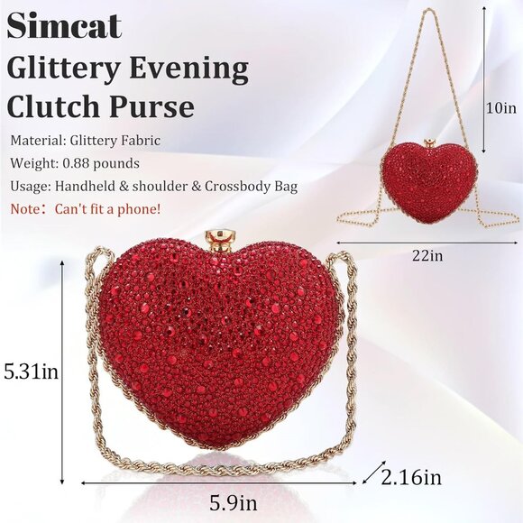 ⚡  Women's Cute Heart Shape Rhinestone Evening Wedding Red Clutch Handbag - Picture 4 of 6